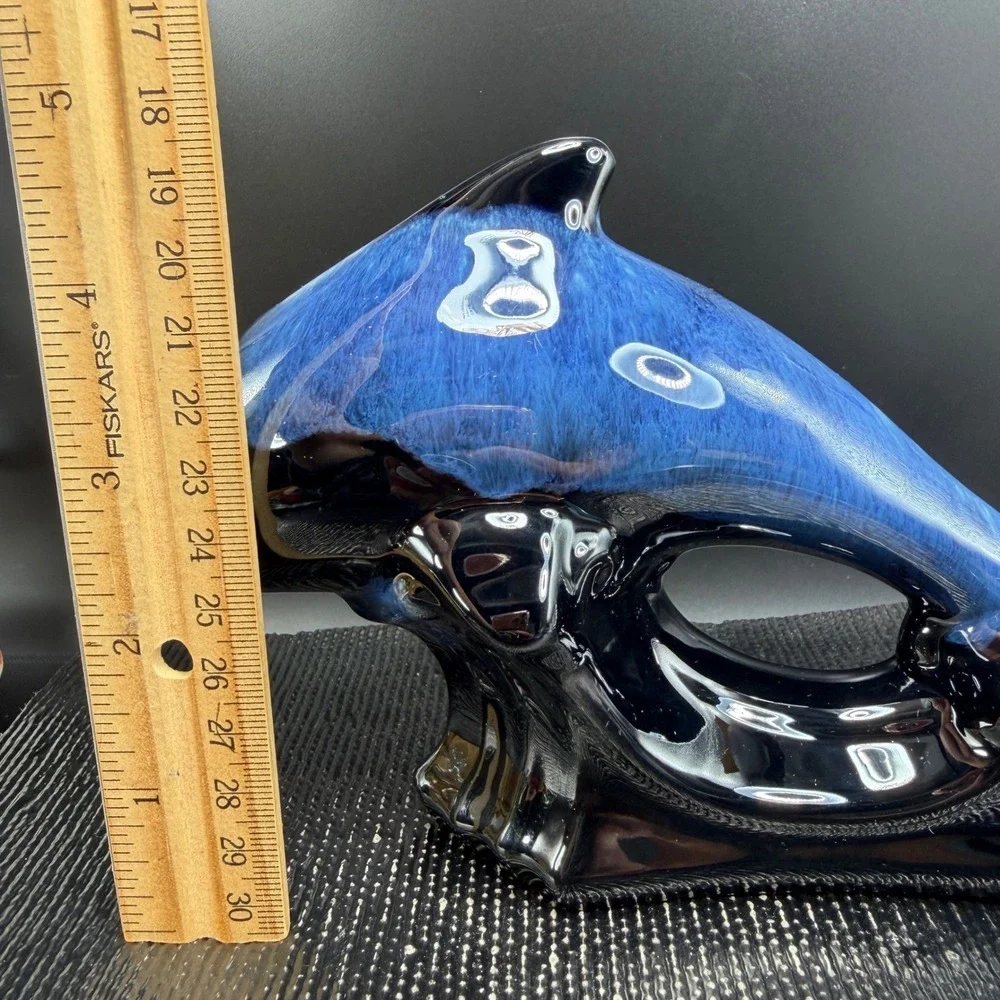 Blue Black Drip‎ Glaze Ceramic Dolphin Figurine Nautical Coastal Decor 7 Inch
